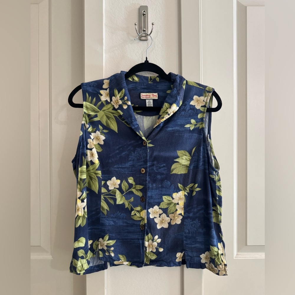 Women’s Tropical Sleeveless Button Down Top with Collar, Navy Blue, Size Large